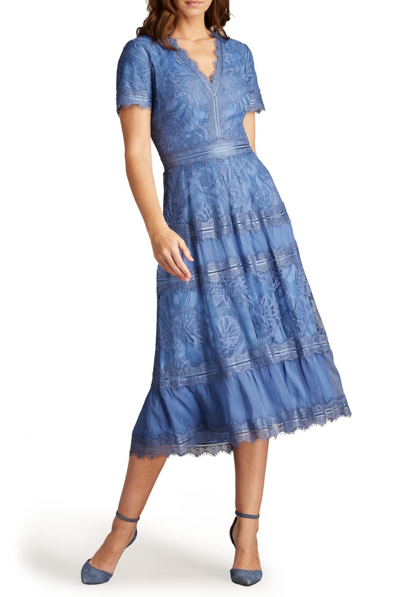 Lace & Mesh Midi Cocktail Dress, Main, color, BLUE STONE