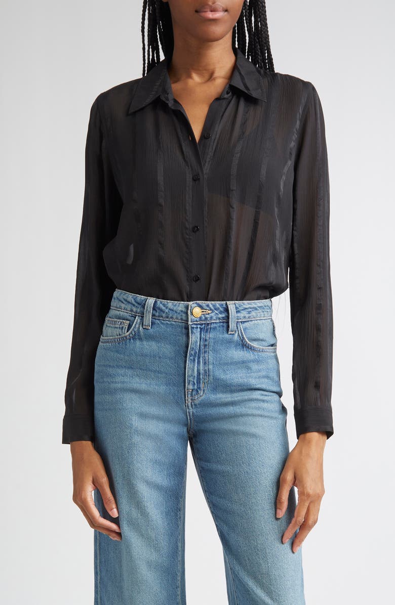 L'AGENCE Argo Silk Button-Up Shirt, Main, color, Black Pinstripe