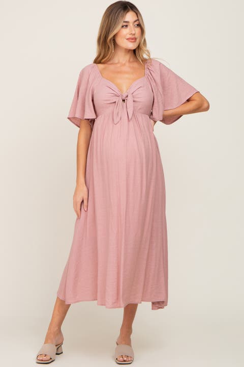Front Tie Ruffle Sleeve Midi Dress