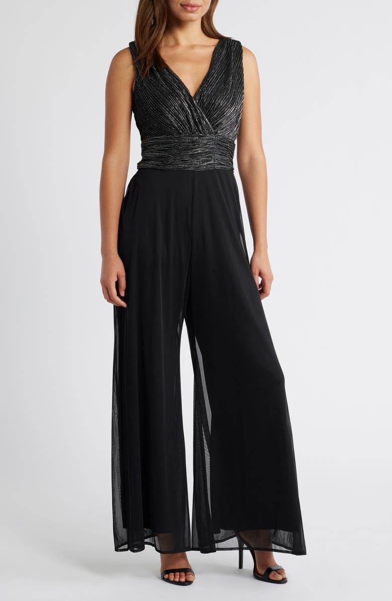 Connected Apparel Metallic Plissé Mixed Media Wide Leg Jumpsuit, Main, color,