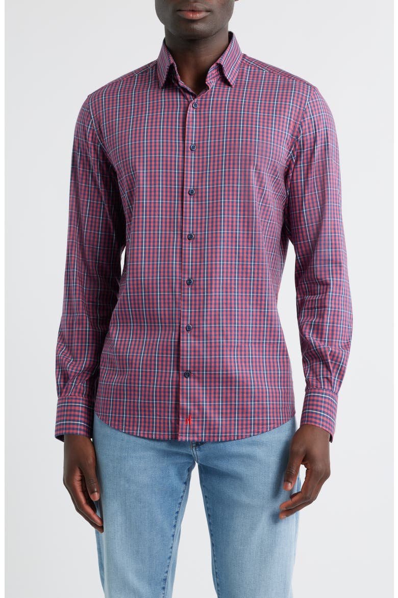 Kenney Check Stretch Button-Up Shirt, Main, color, LOBSTER