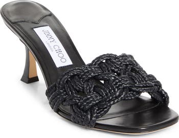 華やぎ【Jimmy Choo】 チャラ ラフィア レザースライド Chara Flat |Tan Leather and Crochet Raffia Slide | JIMMY CHOO