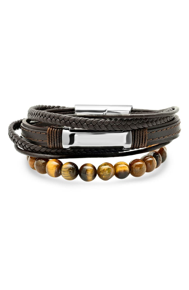 STEELTIME Men's Brown Leather Stainless Steel Tiger's Eye Beaded Layered Bracelet, Main, color, Brown-Metallic