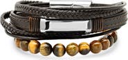 STEELTIME Men's Brown Leather Stainless Steel Tiger's Eye Beaded Layered Bracelet