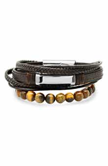 Men's Brown Leather Stainless Steel Tiger's Eye Beaded Layered Bracelet