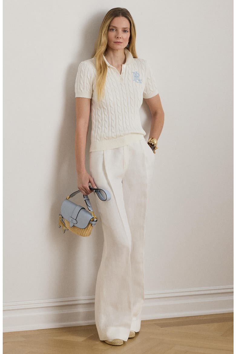Natrissa Cable Stitch Cotton Polo Sweater, Alternate, color, WHITE
