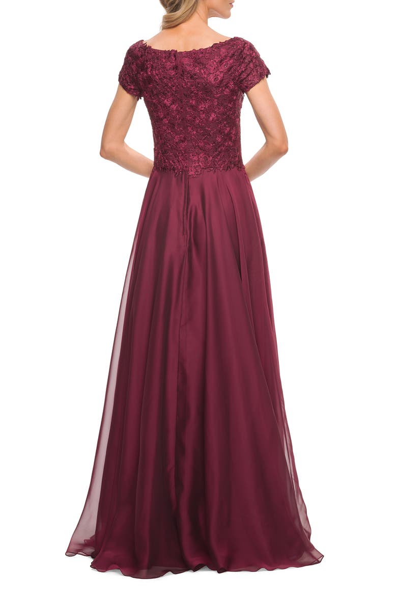 Short Sleeve Chiffon Dress with Lace Bodice, Alternate, color, Garnet