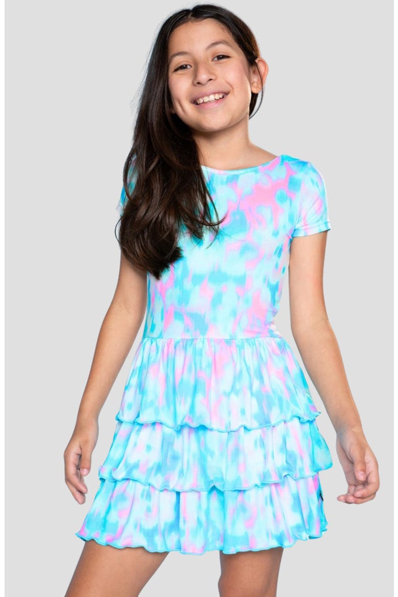 Kids' Short Sleeve Triple Ruffle Dress, Alternate, color, BLUE NEON PINK