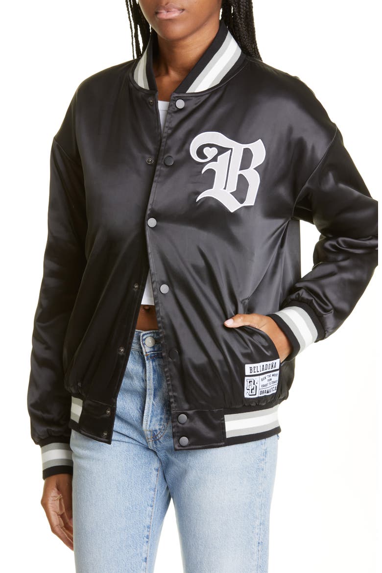 Love Satin Bomber Jacket, Alternate, color, BLACK