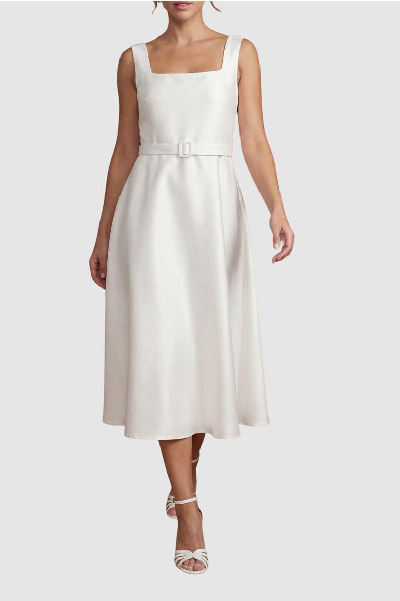 Petite Belted A-Line Midi Dress, Alternate, color, Ivory