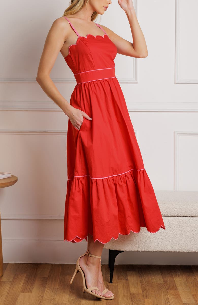 FLYING TOMATO Two-Tone Scalloped Fit & Flare Midi Sundress, Alternate, color, Red/ Pink