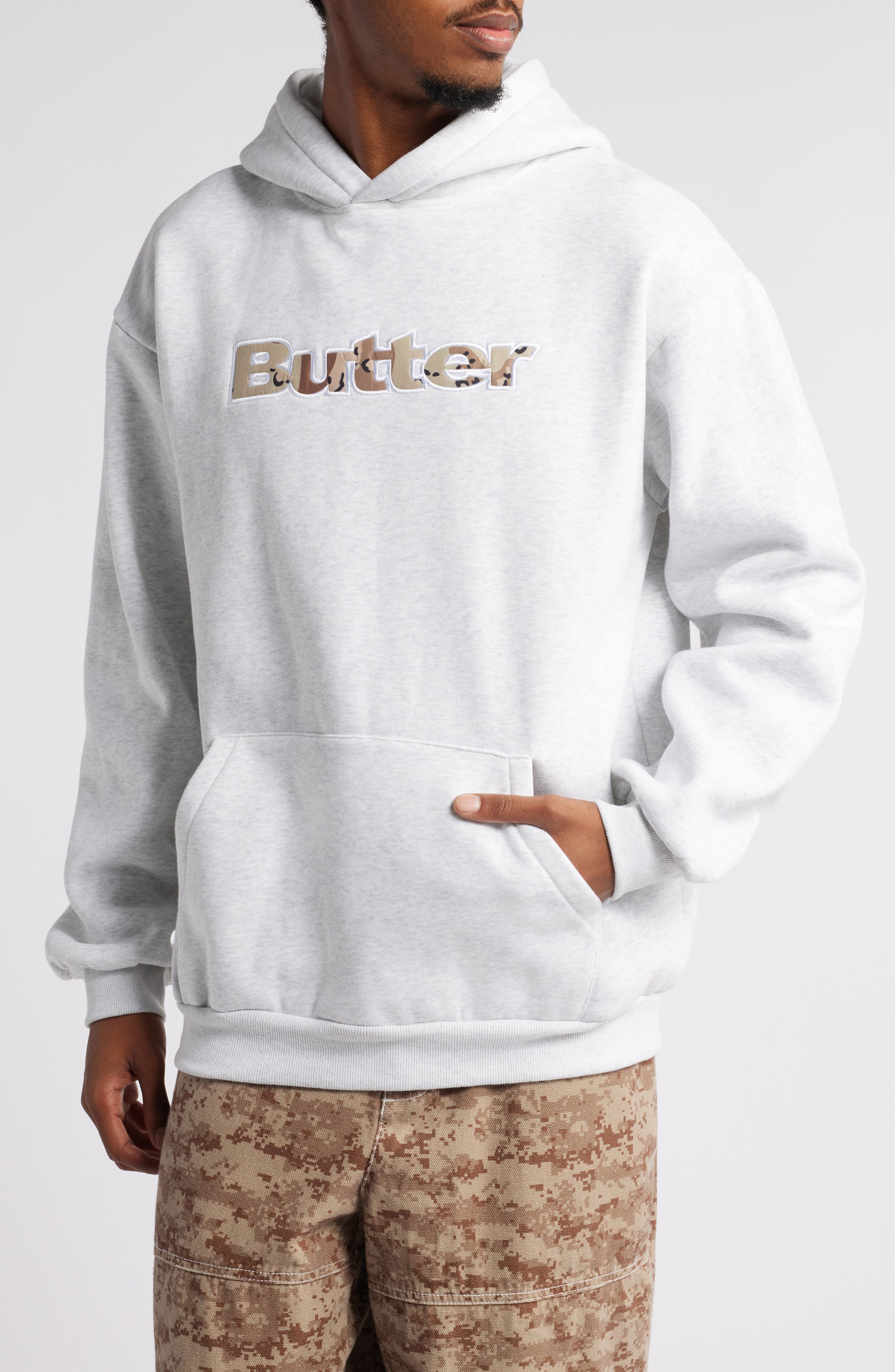 Butter Goods Camo Appliqué Logo Hoodie in Ash 