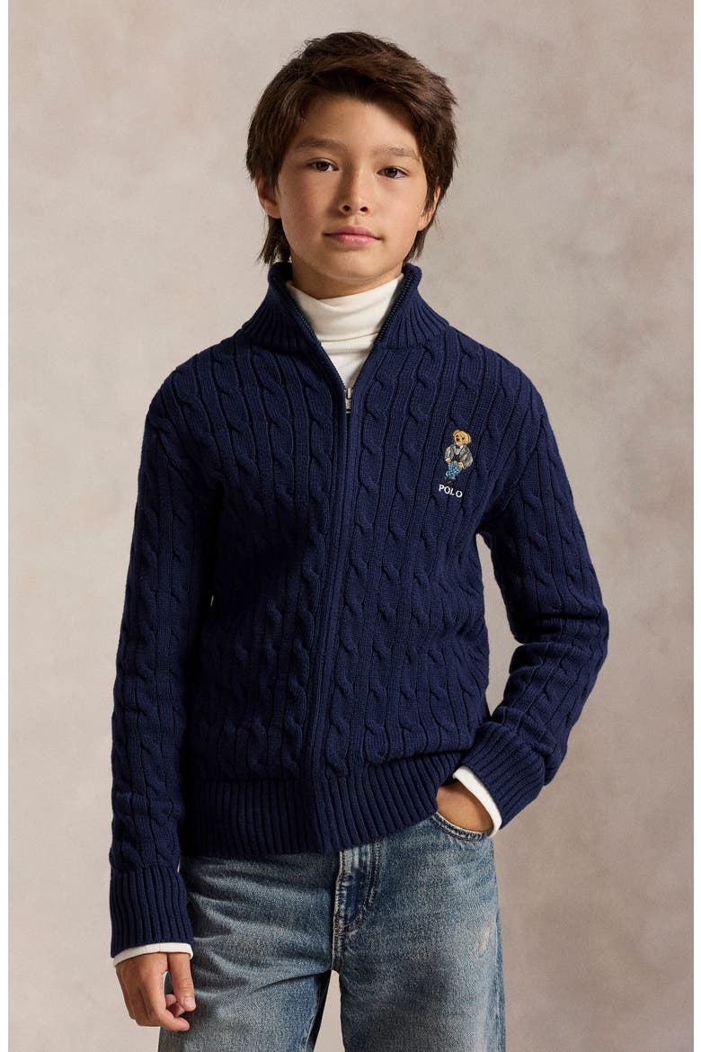 Kids' Polo Bear Cable Cotton Full Zip Sweater, Alternate, color, REFINED NAVY