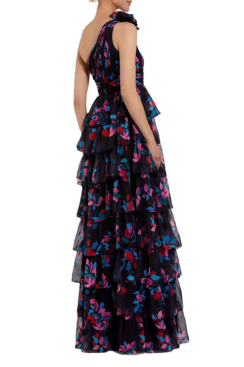 One Shoulder Printed Chiffon Tiered Ruffle Gown, Alternate, color, Black Multi
