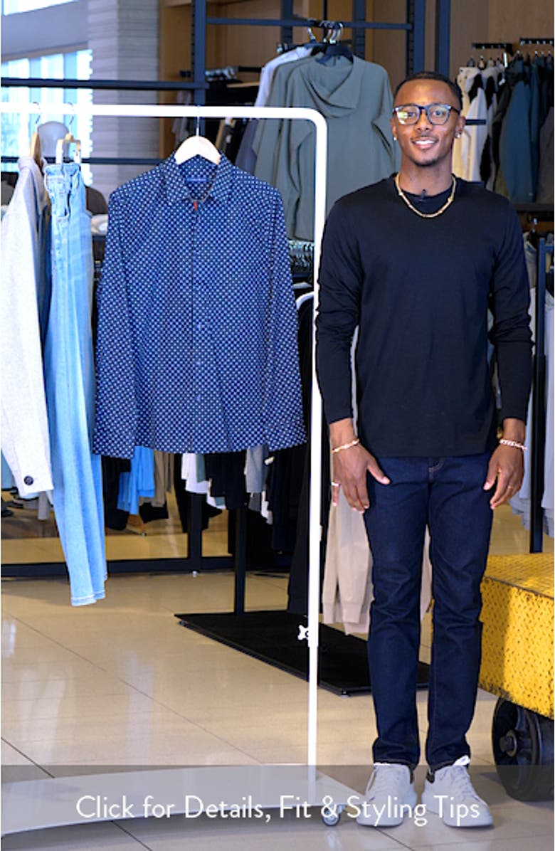 Painted Dot Print Stretch Cotton Button-Up Shirt, sales video thumbnail