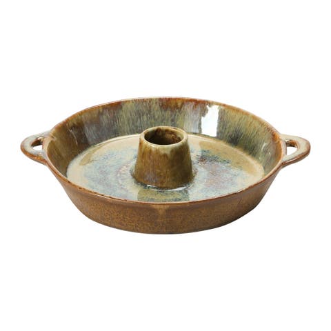 Stoneware Dish with Toothpick Holder, Reactive Glaze, Brown (Each One Will Vary)