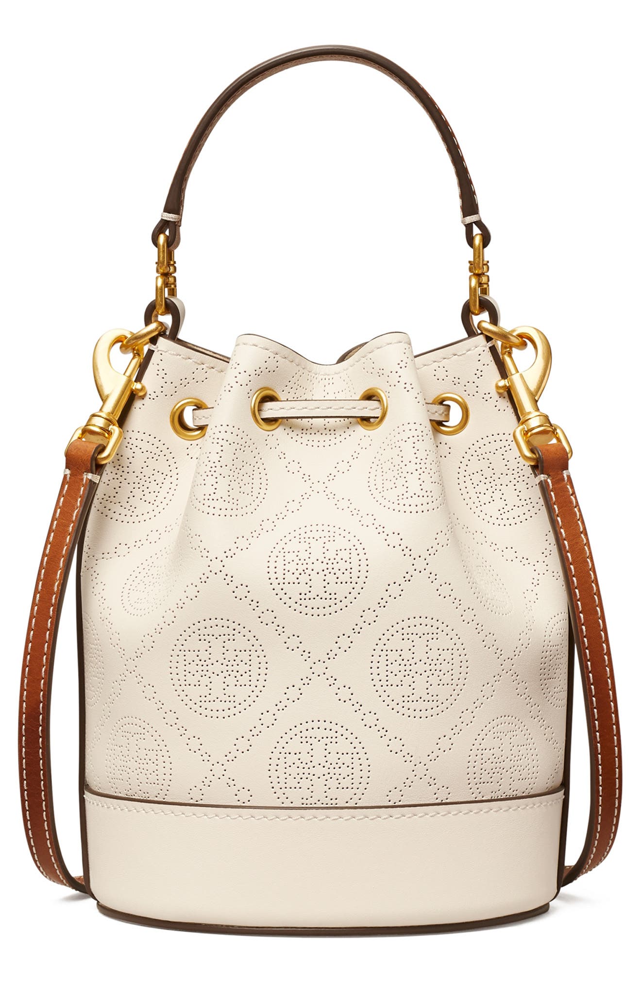 Tory Burch Mini T Monogram Perforated Leather Bucket Bag, Alternate, color, 