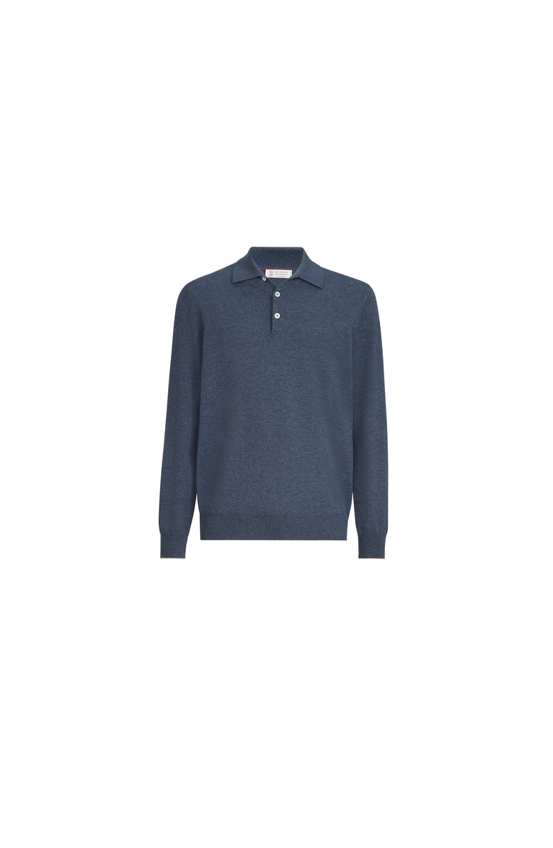 Brunello Cucinelli Cashmere knit polo shirt, Alternate, color, Denim