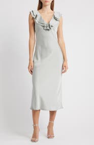 WAYF Lida Ruffle Cap Sleeve Satin Midi Dress