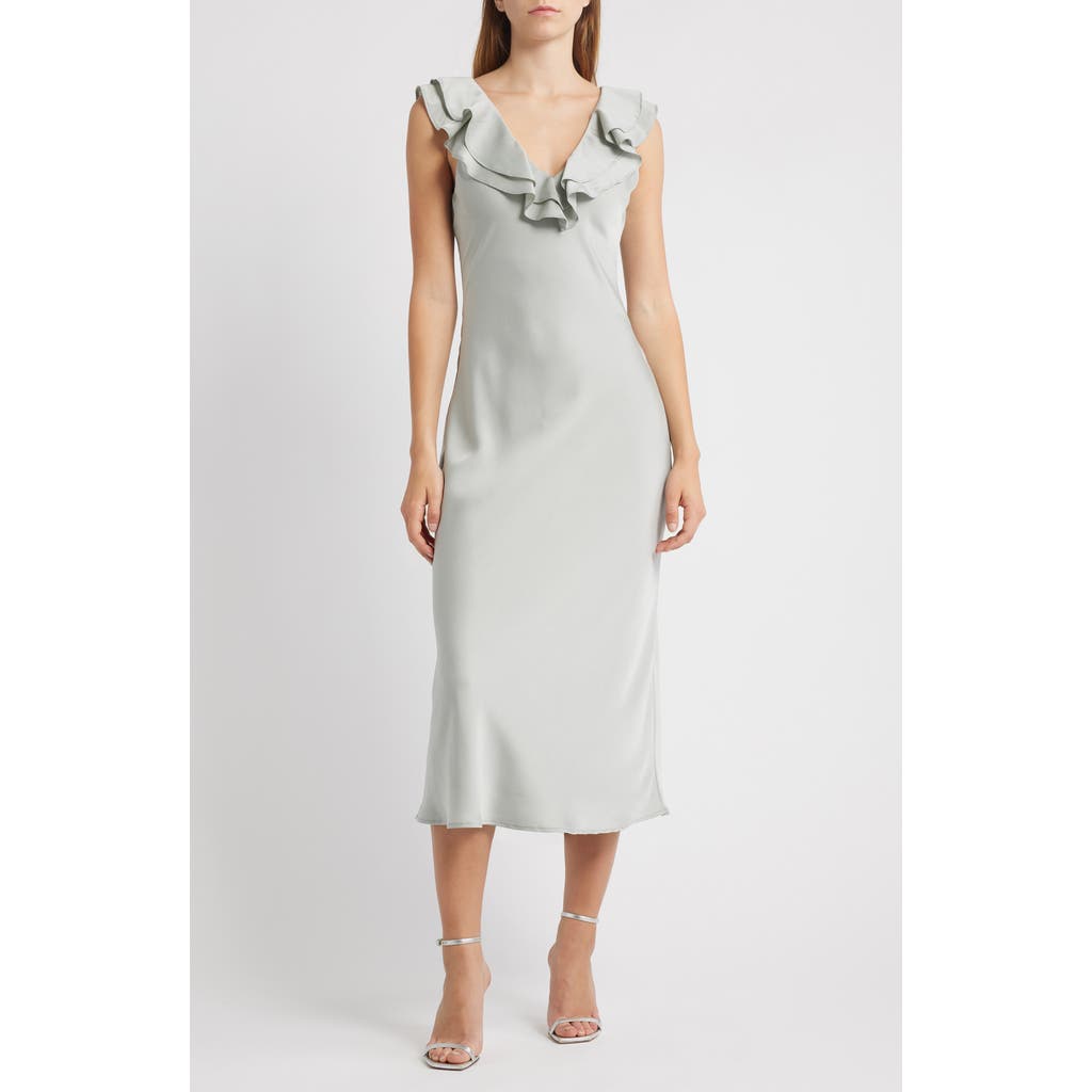 Wayf Lida Ruffle Cap Sleeve Satin Midi Dress In Gray