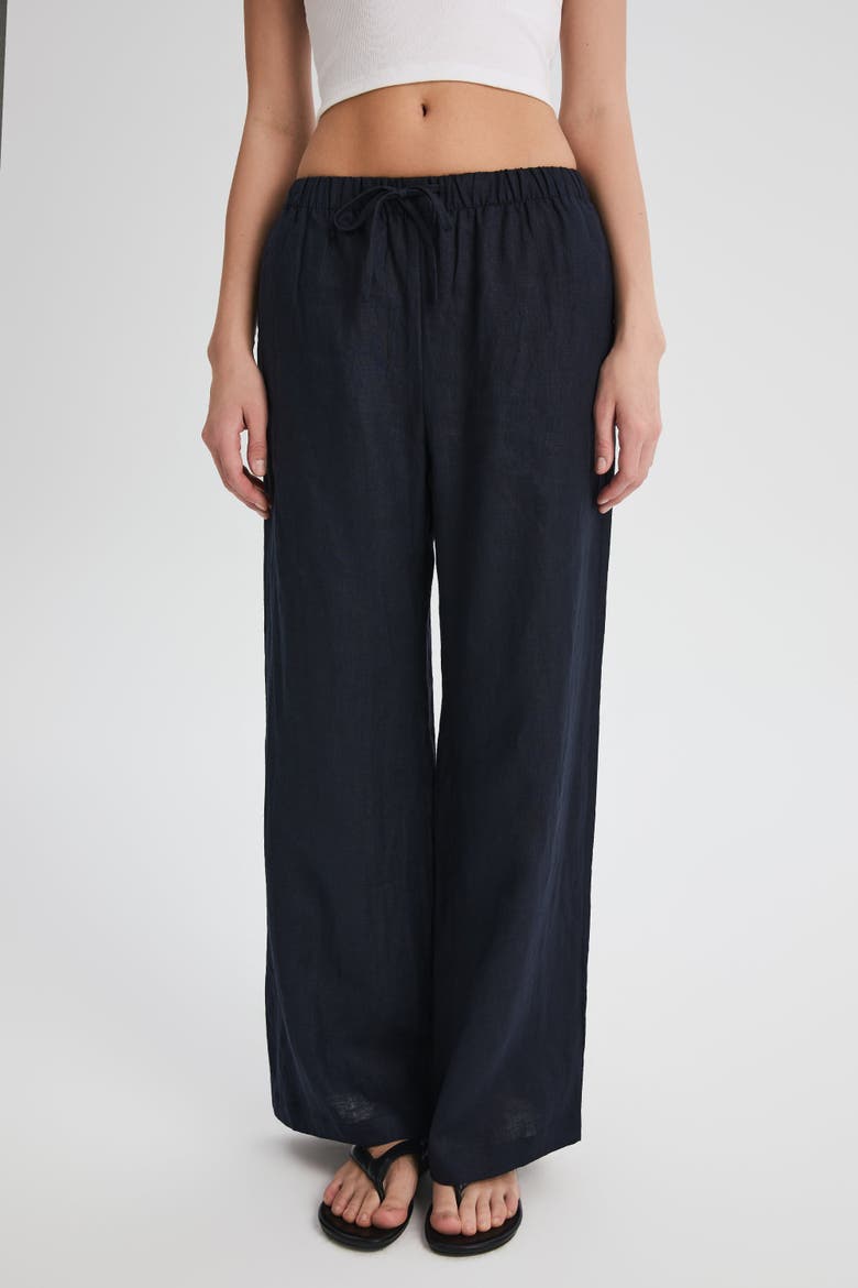 Oversized Linen Wide-Leg Drawstring Pants, Alternate, color, Navy