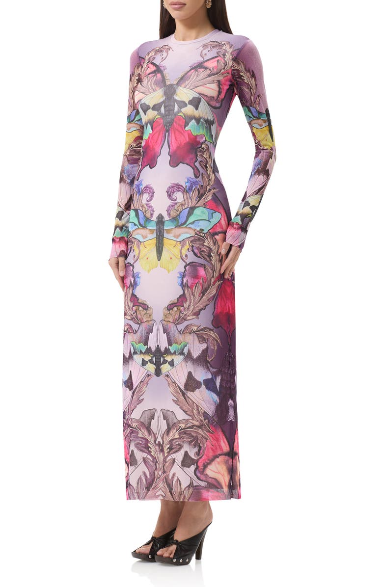 AFRM Didi Long Sleeve Mesh Maxi Dress, Alternate, color, Ornate Butterfly