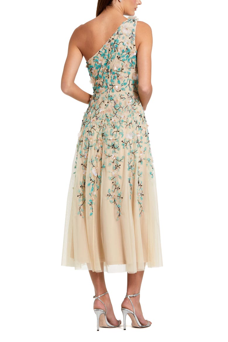 Women's Floral Embellished Mesh One Shoulder Midi Dress, Alternate, color, Nude Multi