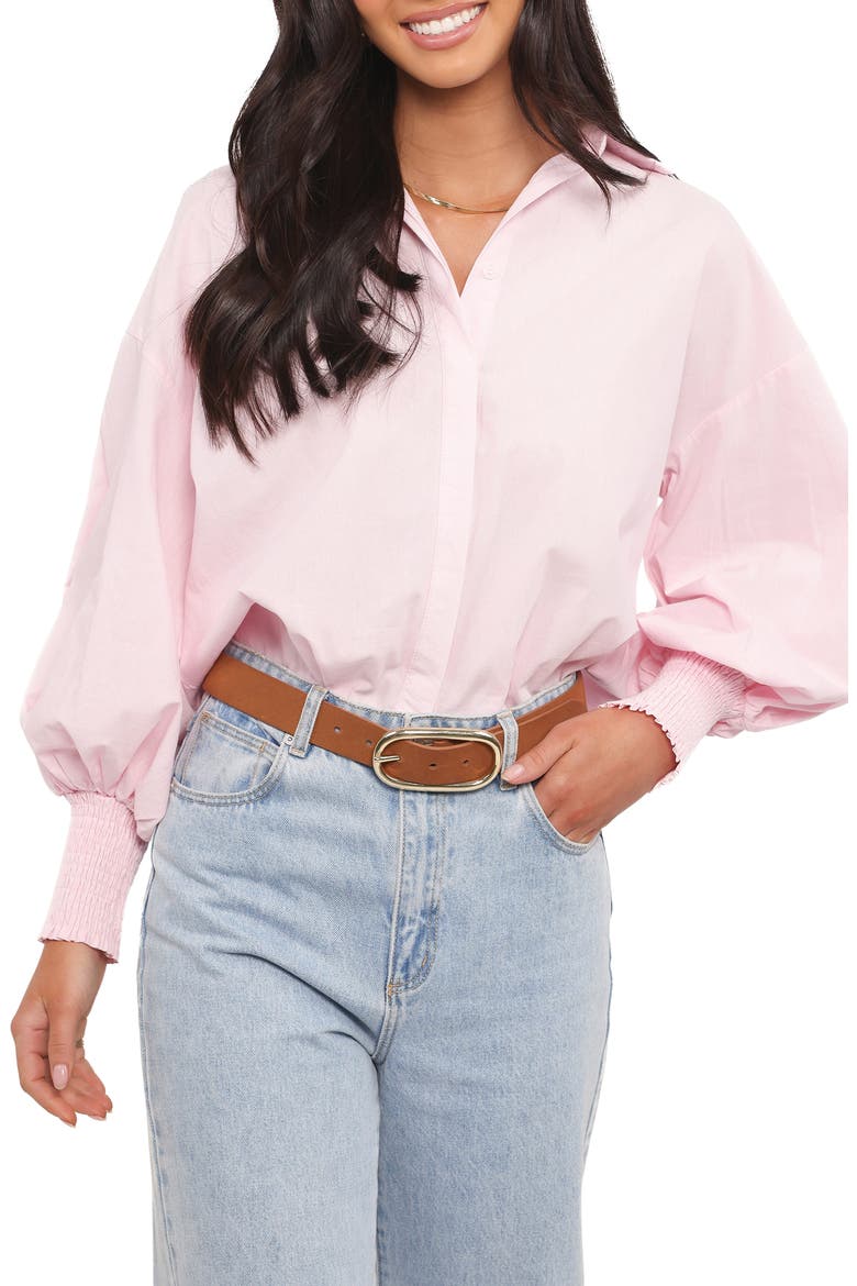 Carys Smocked Cuff Cotton Poplin Button-Up Shirt, Main, color, PALE PINK