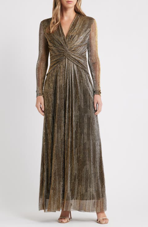Twist Front Metallic Long Sleeve Maxi Dress