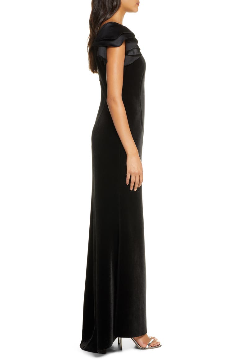 Satin Sleeve Velvet Trumpet Gown, Alternate, color, BLACK
