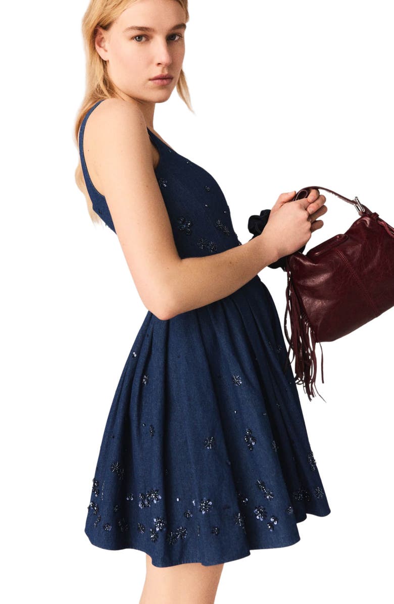 maje Flared embroidered denim dress, Alternate, color, Navy