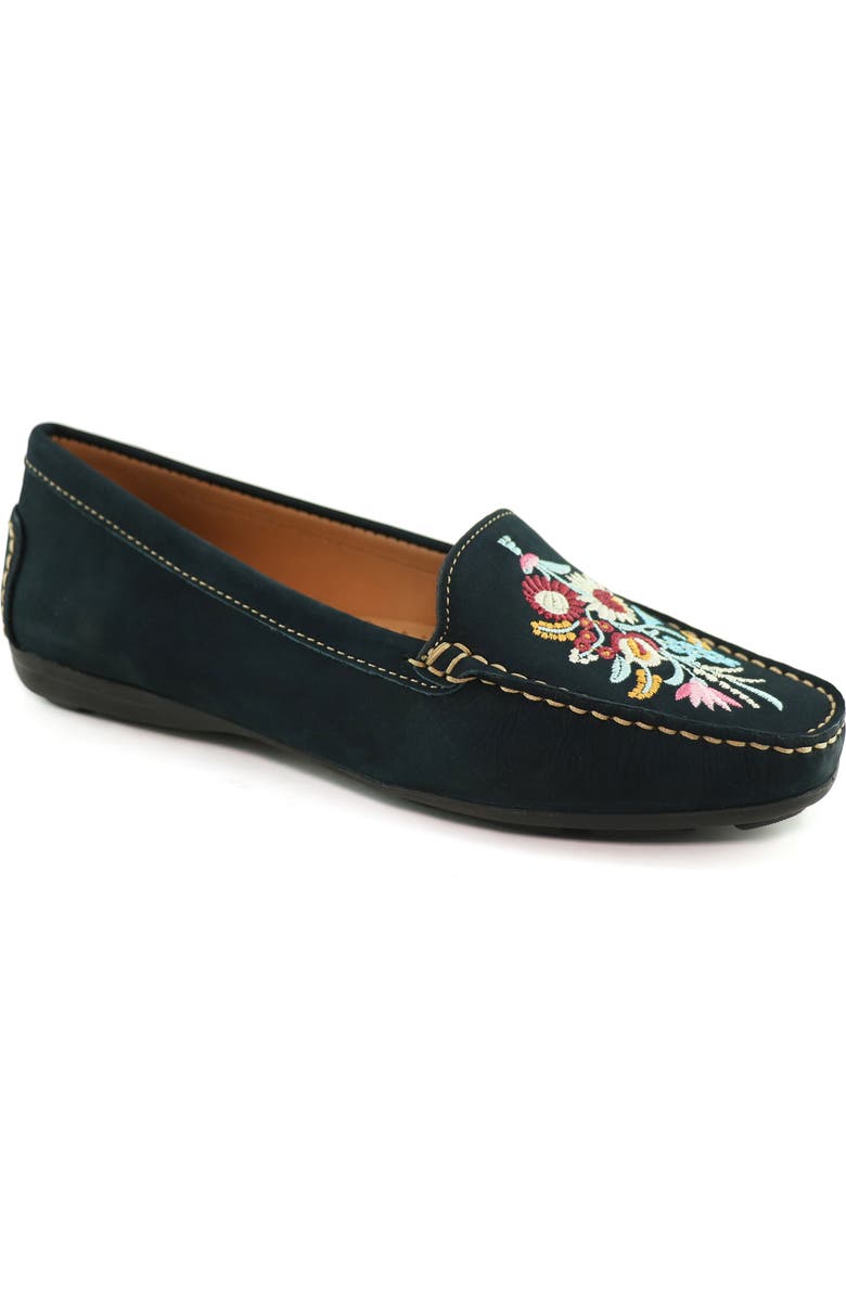DRIVER CLUB USA Nashville Embroidered Loafer, Main, color, Navy Nubuck/ Contrast Stitch