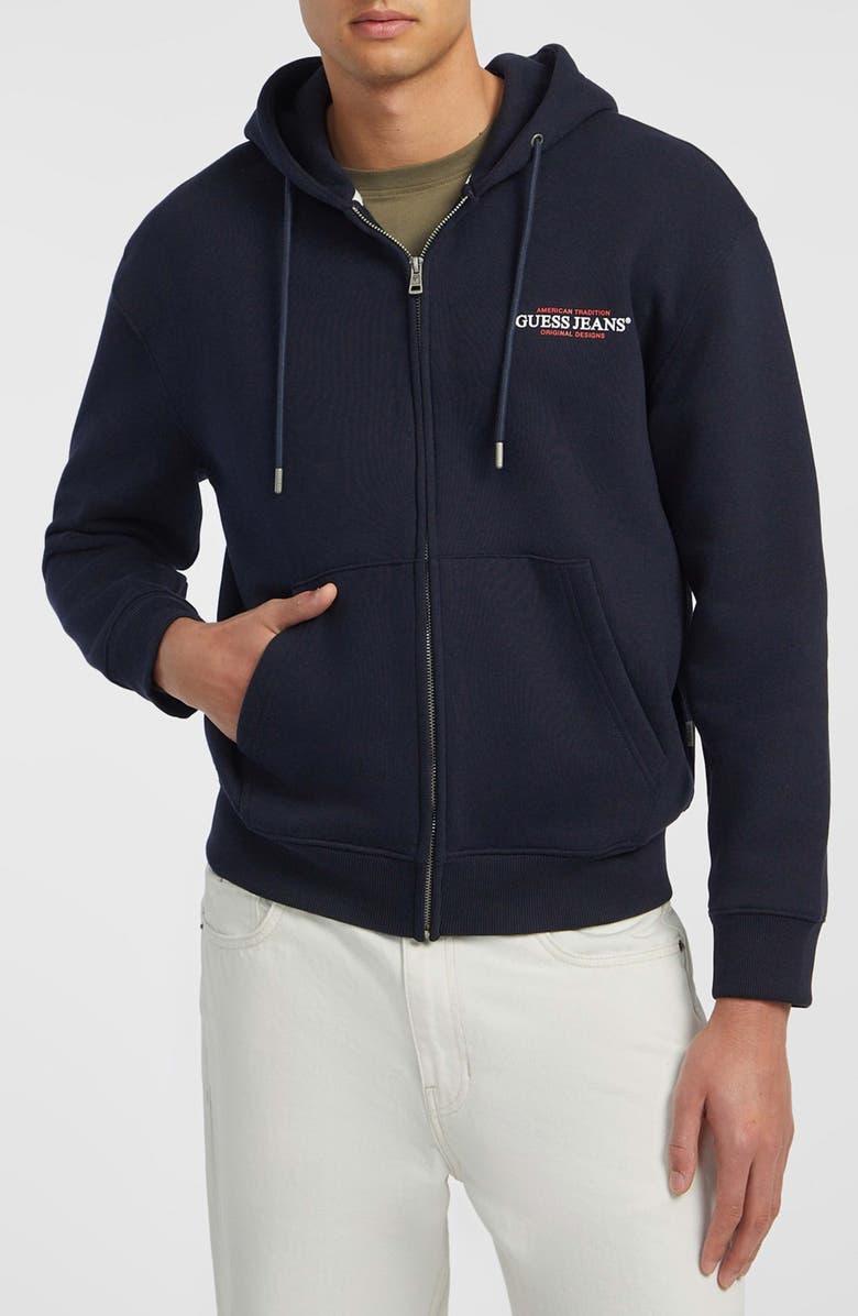 GUESS JEANS Regular Fit Embroidered Logo Zip Hoodie, Main, color, Navy