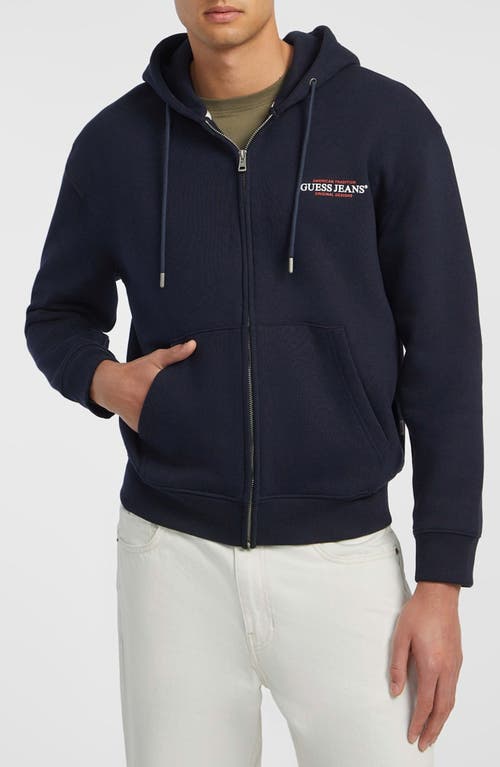 Guess Jeans Regular Fit Embroidered Logo Zip Hoodie In Blue