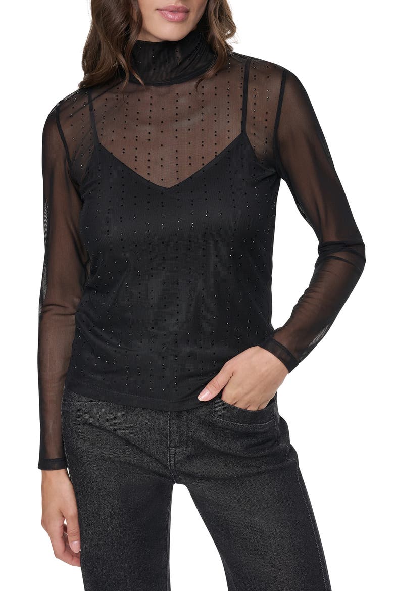 Embellished Mesh Mock Neck Top, Main, color, BLACK