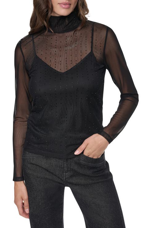 Embellished Mesh Mock Neck Top