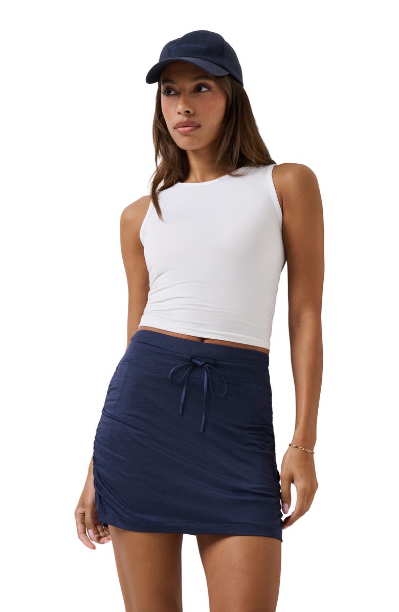 TravisMathew Skyline Ruched Tie Waist Miniskirt, Alternate, color, Heather Navy Blazer