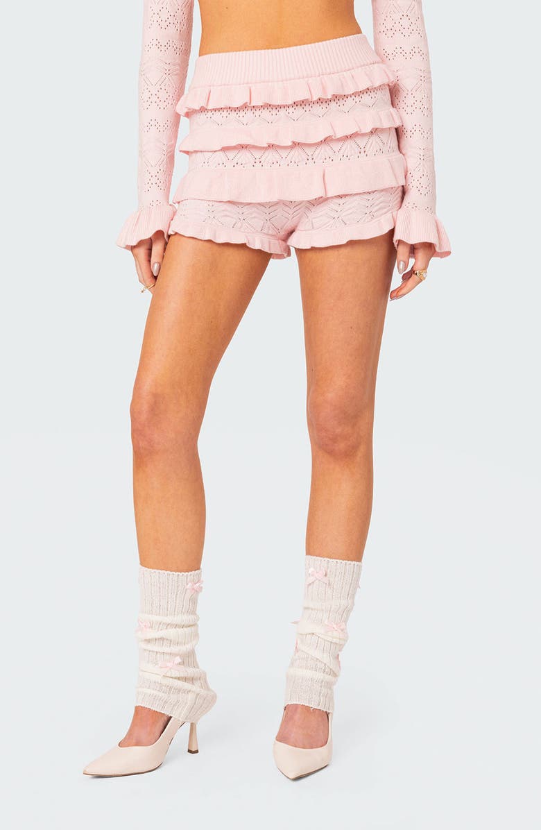 EDIKTED Lindsay Ruffle Knit Shorts, Main, color, Light-Pink