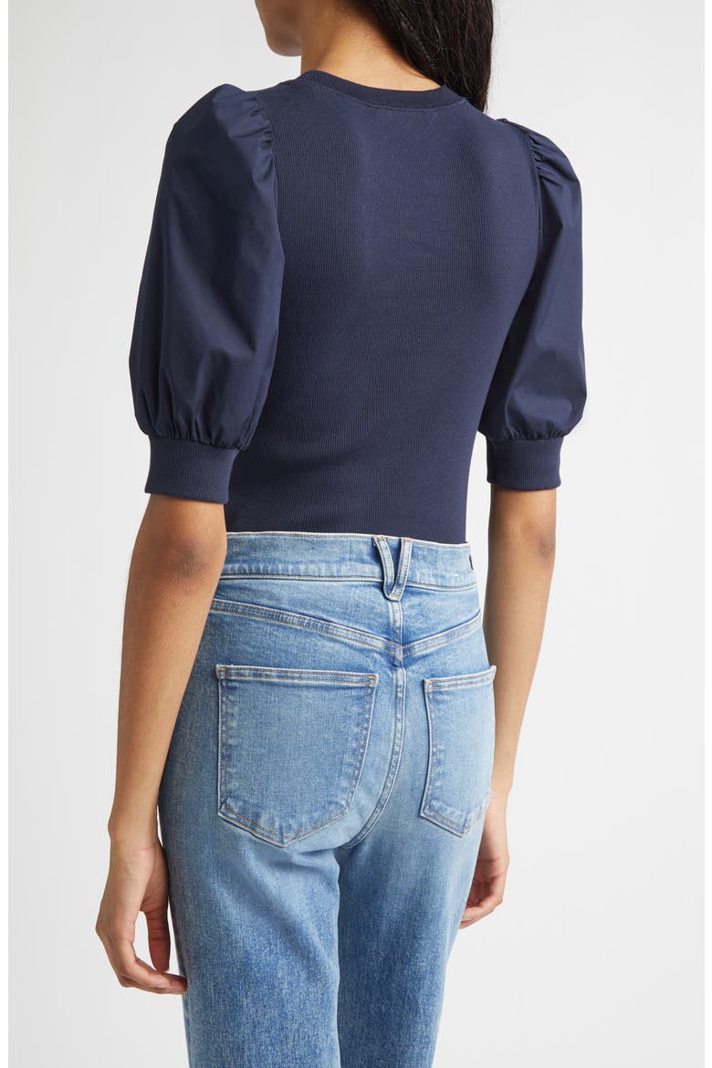 Coralee Mixed Media Puff Sleeve Stretch Cotton Top, Alternate, color, NAVY