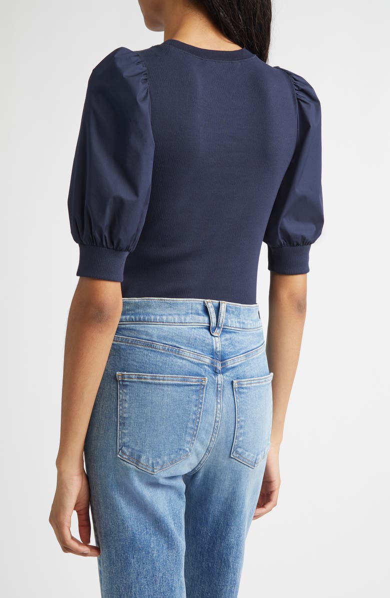 Veronica Beard Coralee Mixed Media Puff Sleeve Stretch Cotton Top, Alternate, color, Navy