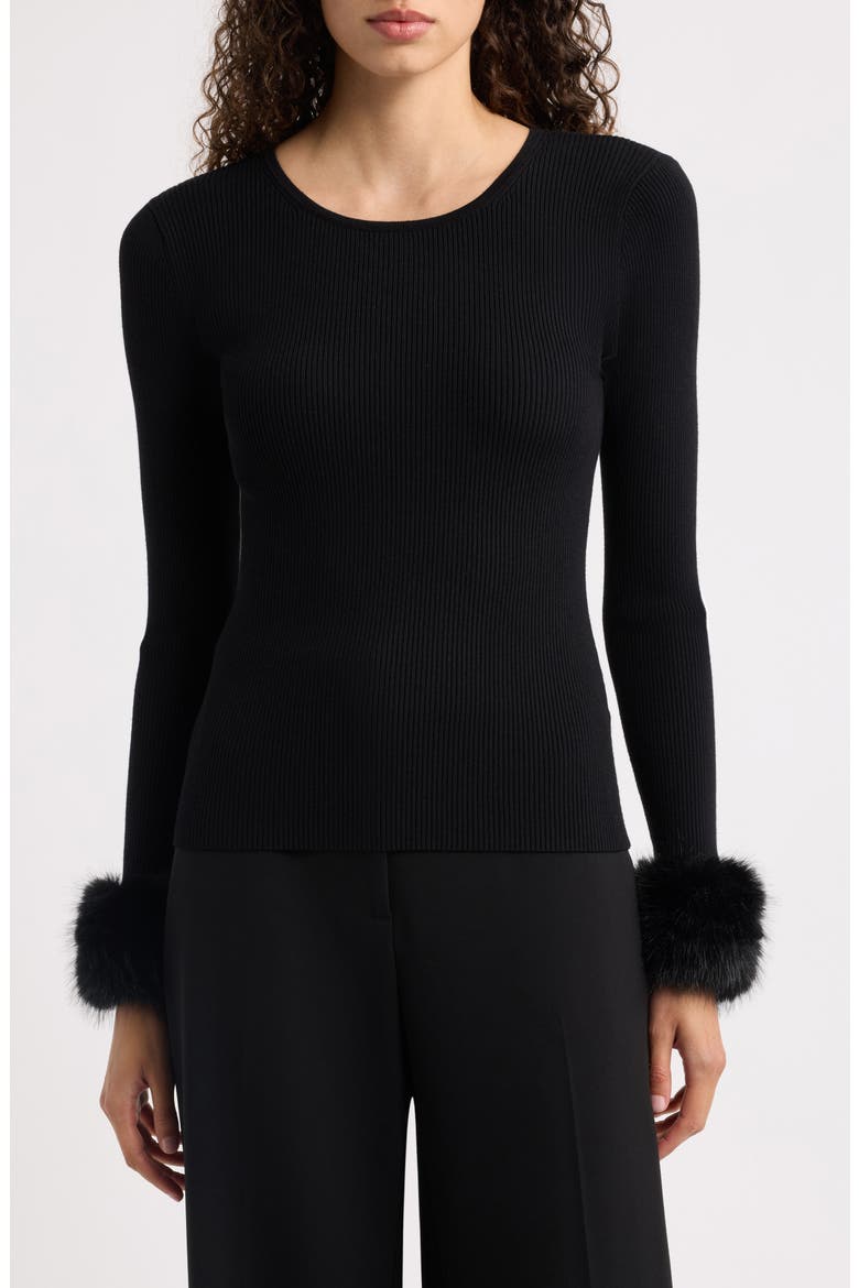 The Savannah Faux Fur Cuff Sweater, Main, color, NOIR
