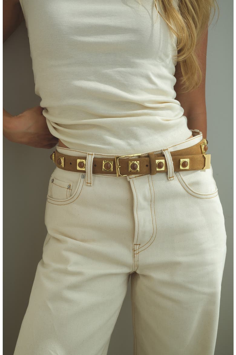 No. 2 Stud Leather Belt, Alternate, color, CARAMEL SUEDE/ GOLD