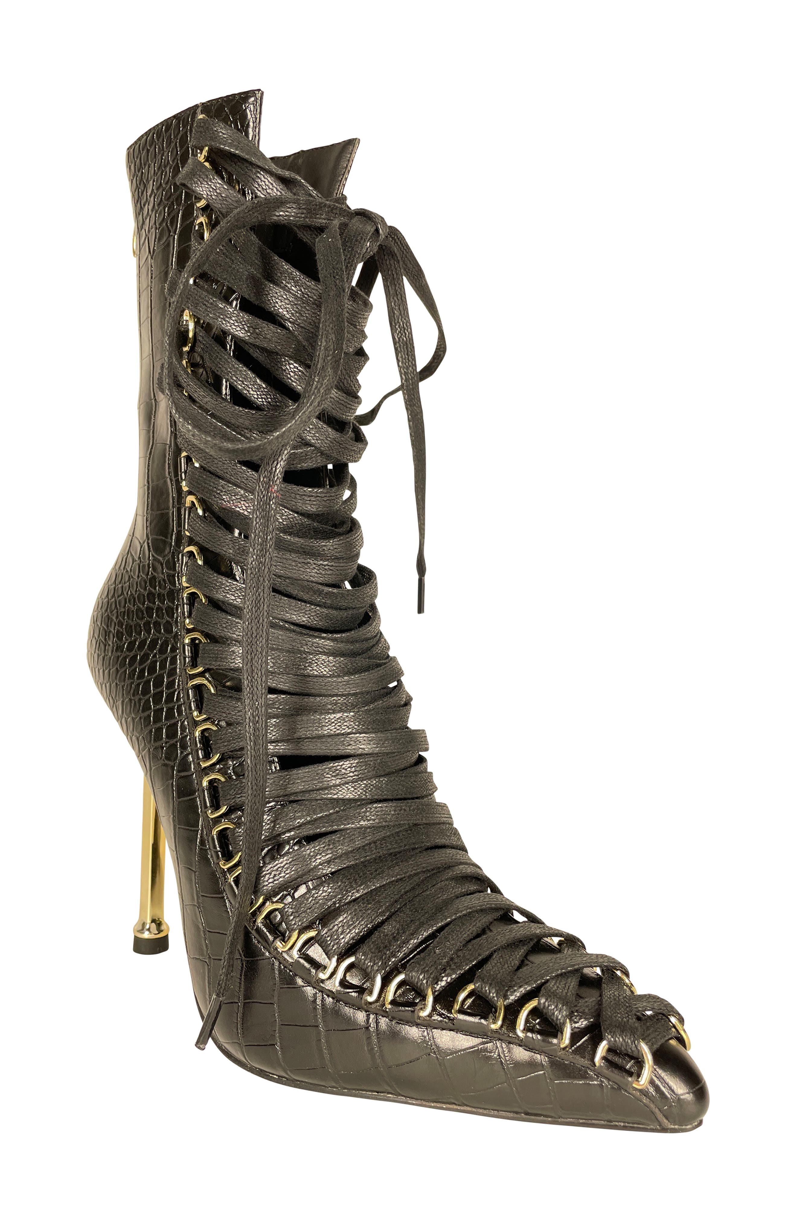 AZALEA WANG Croc Embossed Lace-Up Boot, Main, color, 