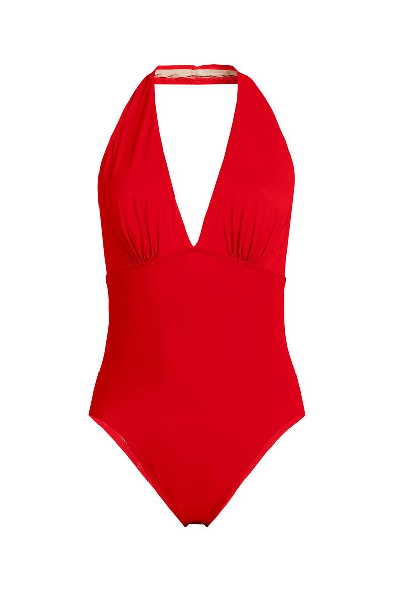 SlenderSuit Halter Ruched Plunge High Leg One Piece Swimsuit, Alternate, color, Daylily Red