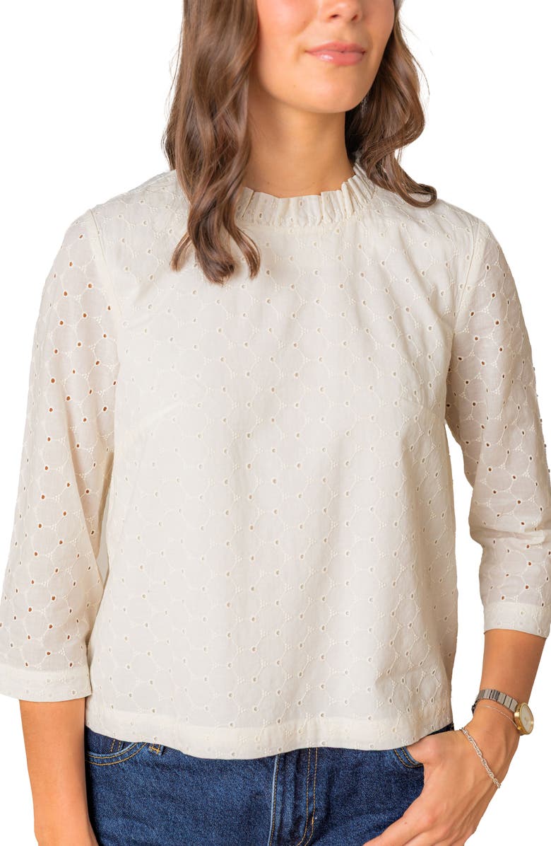 Hope & Henry Organic Ruffle Neck Eyelet Top, Alternate, color, Ivory Eyelet