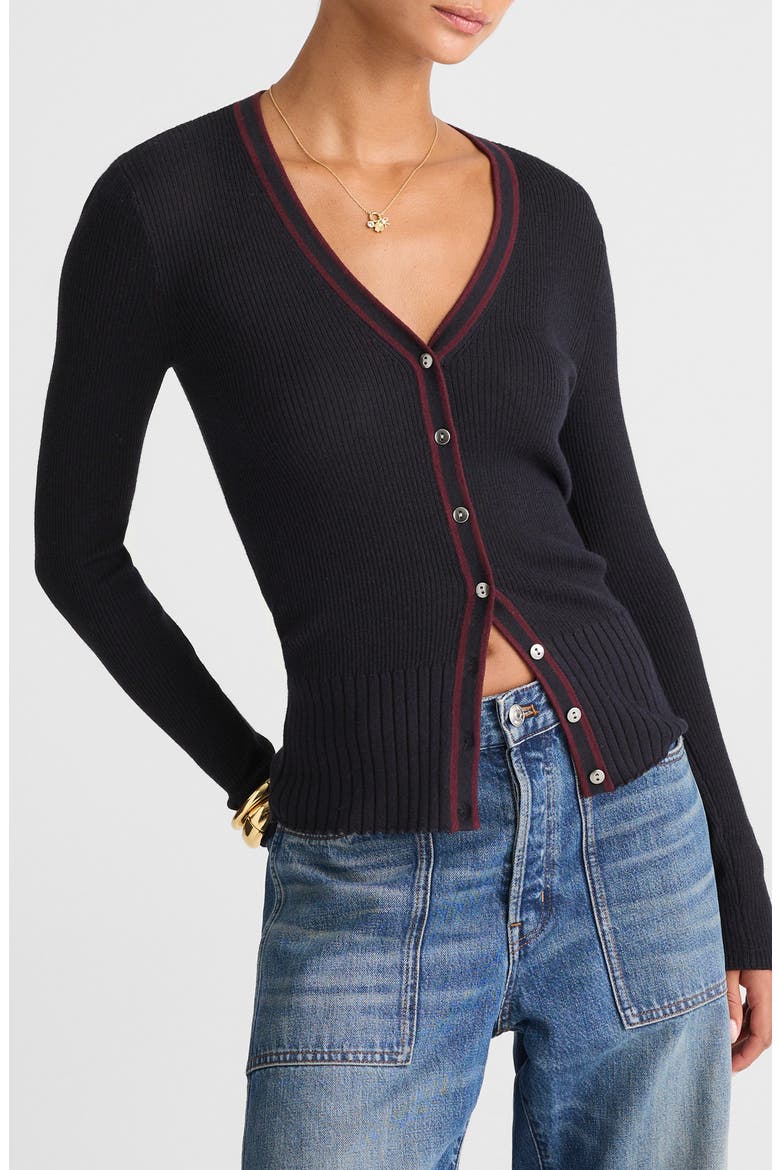 Deep V-Neck Merino Wool & Silk Cardigan, Main, color, DARK NAVY COMBO