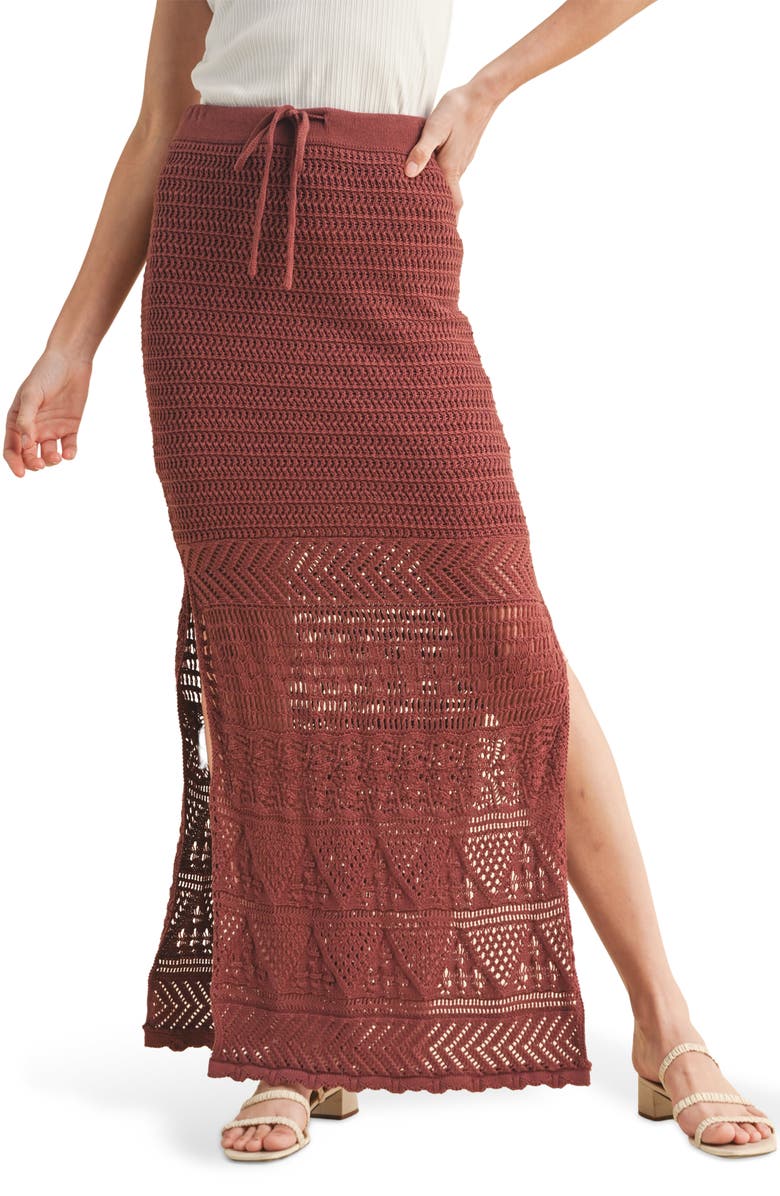 WISHLIST Open Stitch Drawstring Cotton Midi Skirt, Alternate, color, Brick