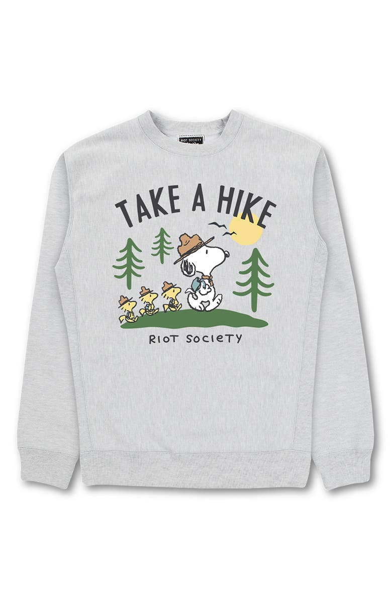RIOT SOCIETY x Peanuts Take A Hike Sweatshirt, Main, color, Grey