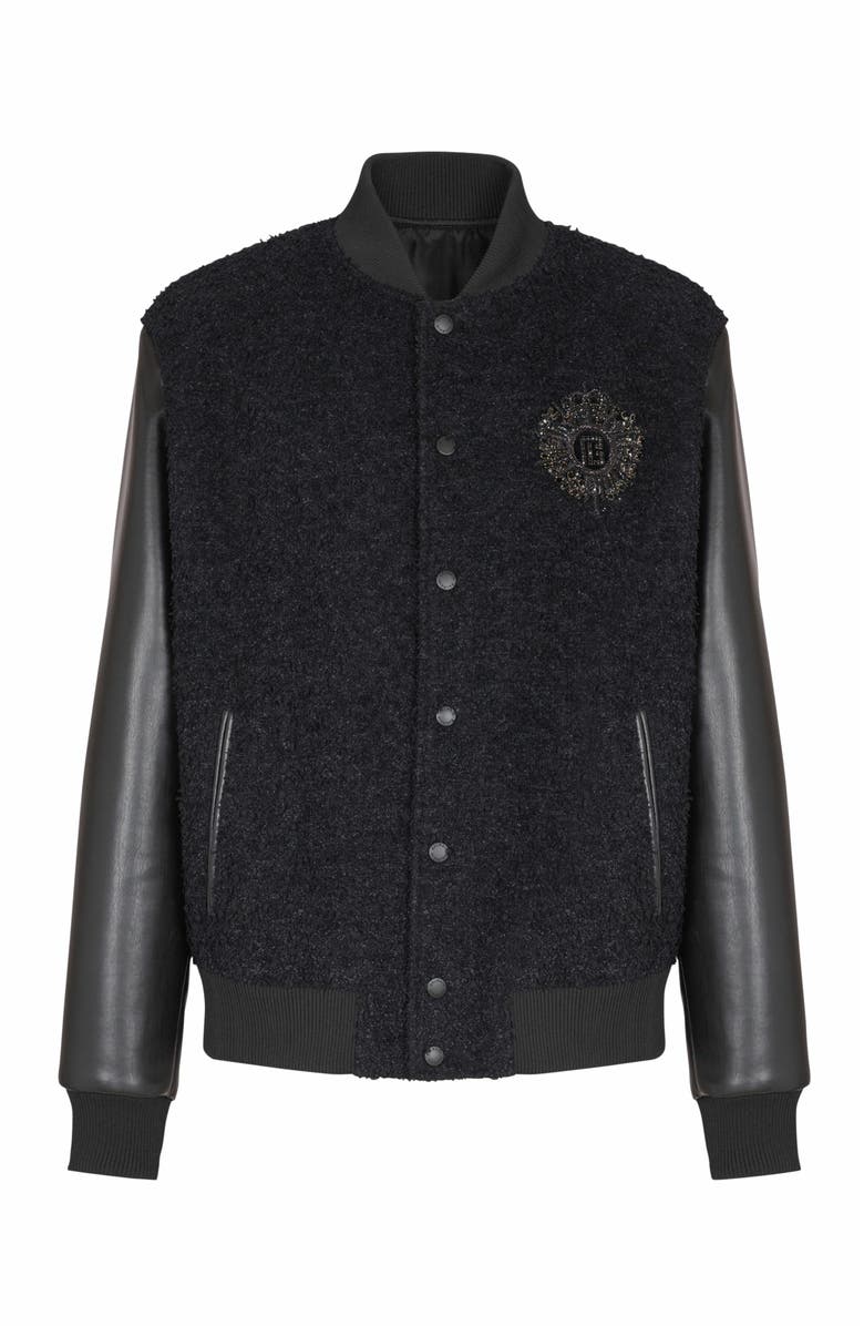 Balmain Varsity Tweed And Faux Leather Jacket, Alternate, color, Black