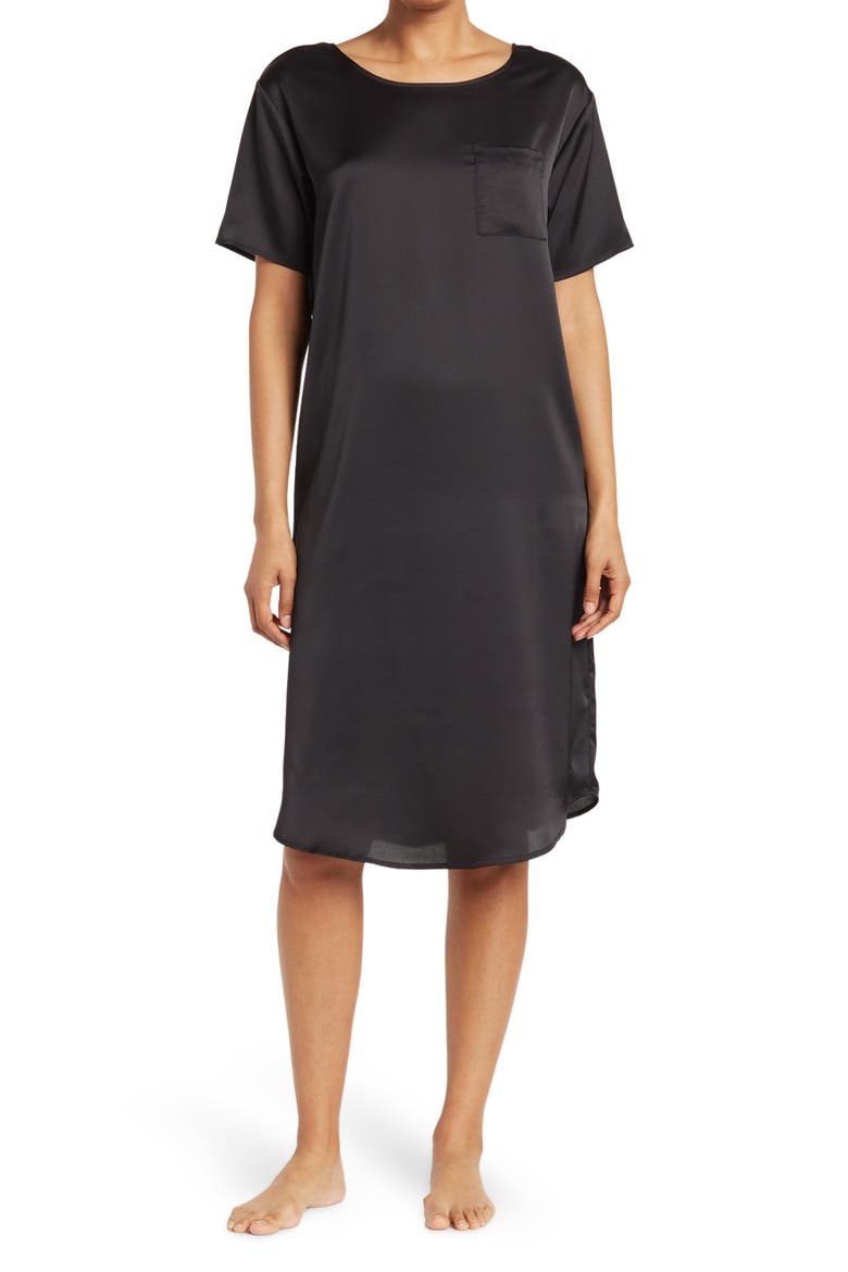 Satin Short Sleeve Nightshirt, Main, color, BLACK